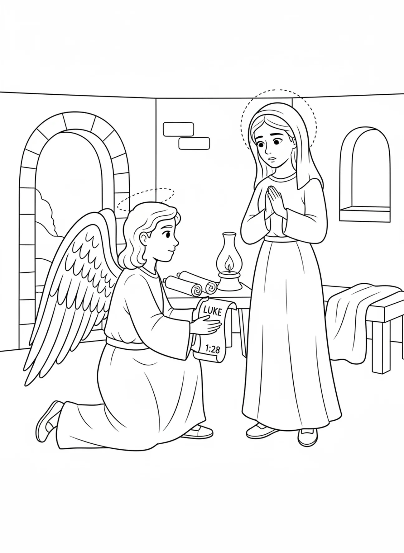 Maria ouvindo o anjo, página de colorir da Virgem Maria para crianças de 5 a 12 anos na Escola Dominical.