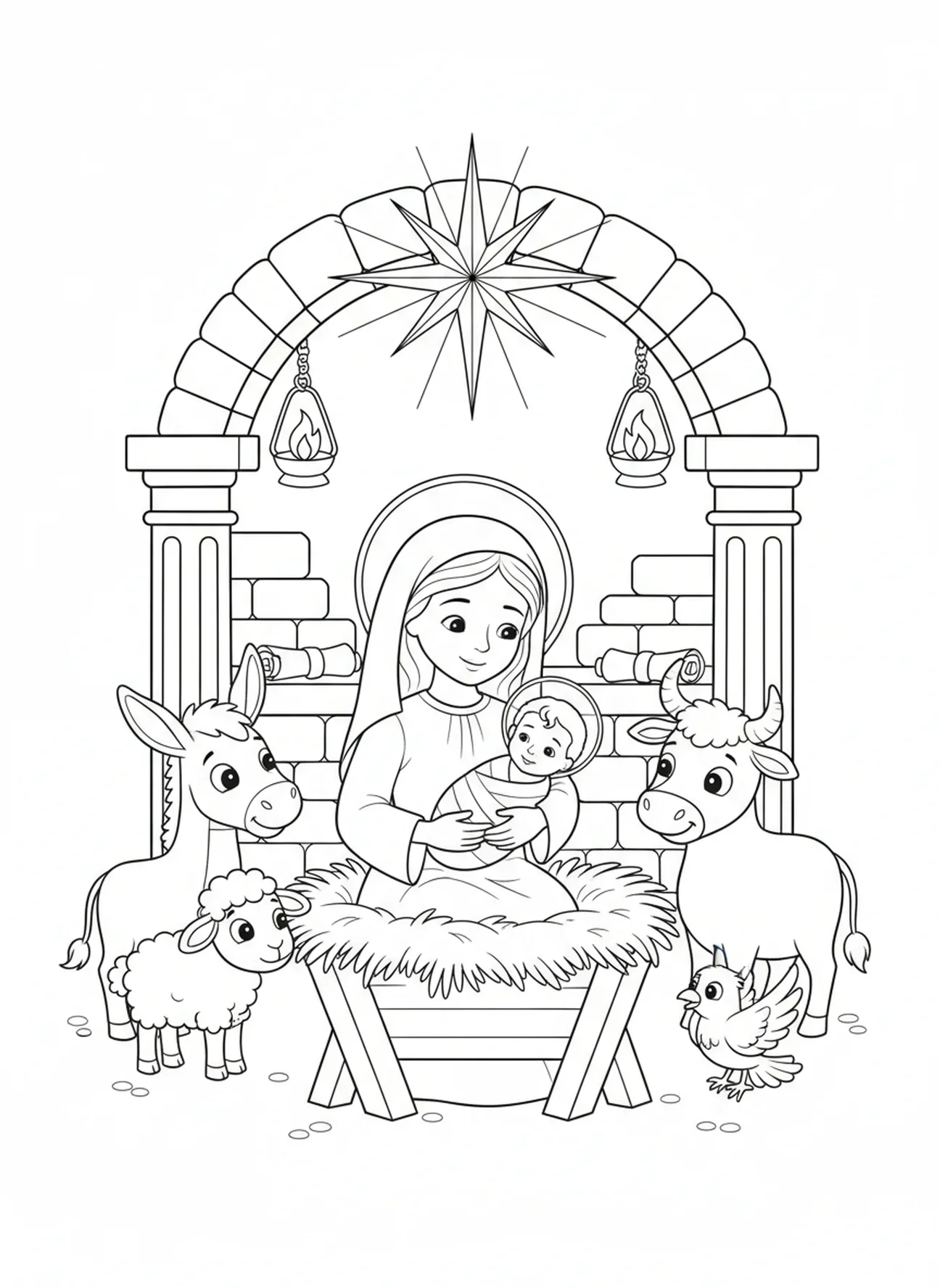Maria segurando o bebê Jesus na manjedoura, página para colorir da Virgem Maria para crianças da Escola Dominical de 5 a 12 anos.