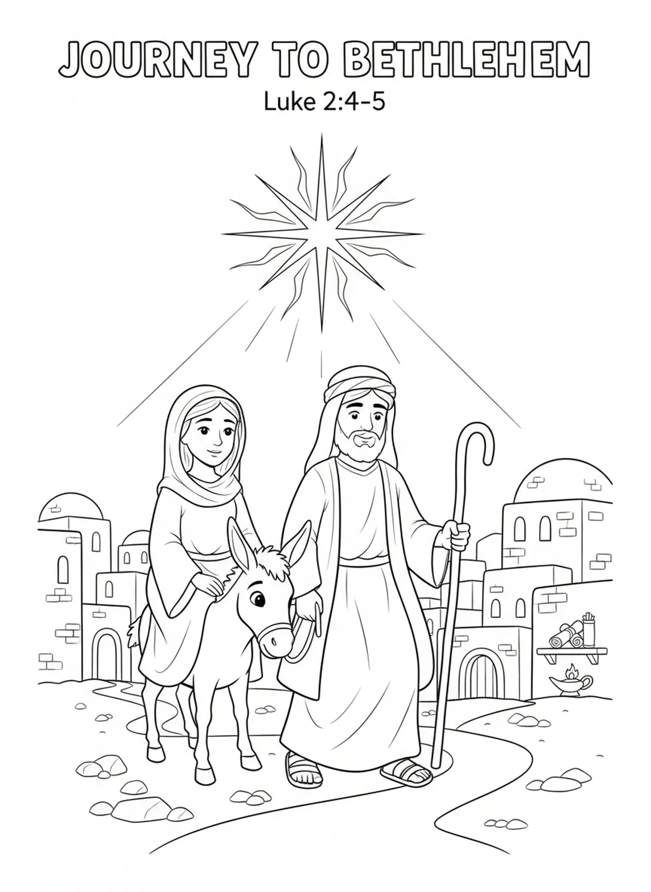 Maria e José viajando para Belém, página para colorir da Virgem Maria para crianças da Escola Dominical de 5 a 12 anos.