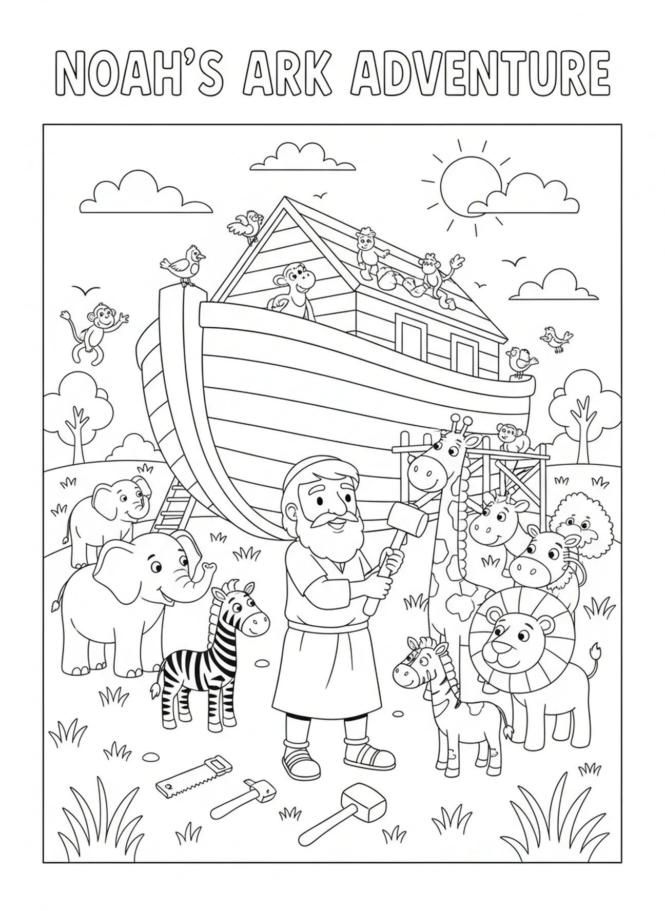 Noach bouwt de ark, Kleurenpagina van de verlossing voor kinderen van 5-10 jaar