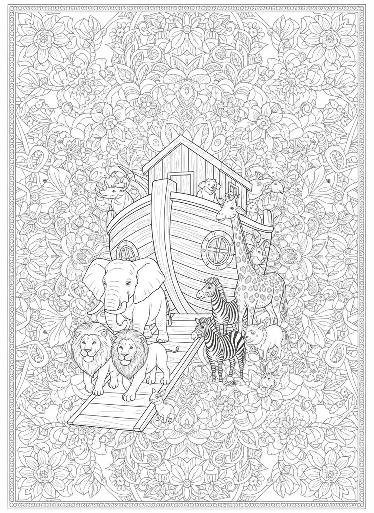 Tierpaare betreten die Arche, Ausmalbild für Erwachsene im Stil des Bibeljournaling.