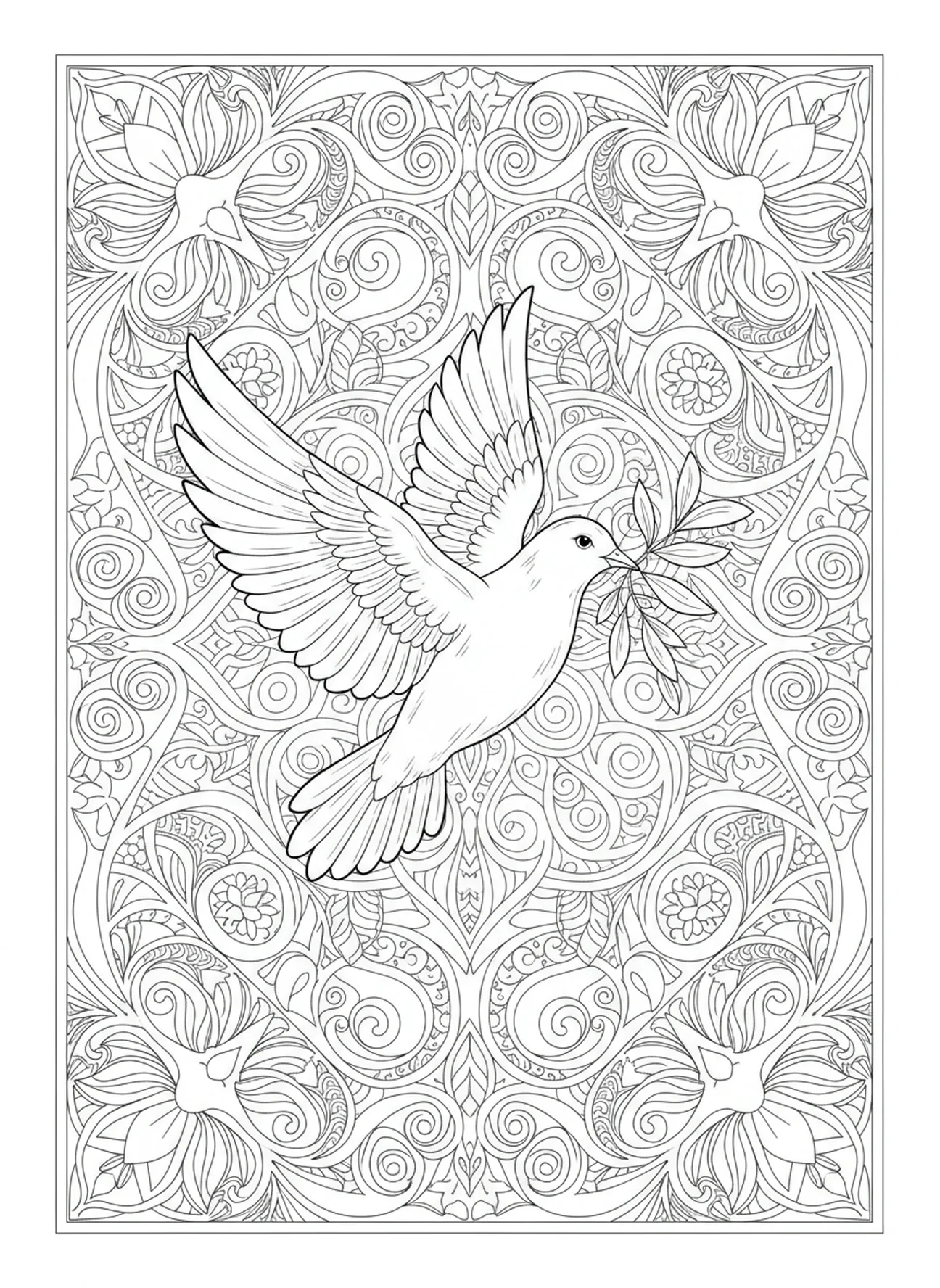 Taube mit einem Olivenzweig, Ausmalbild für Erwachsene zum Bibel-Leseplan im Stil des Bibeljournaling.