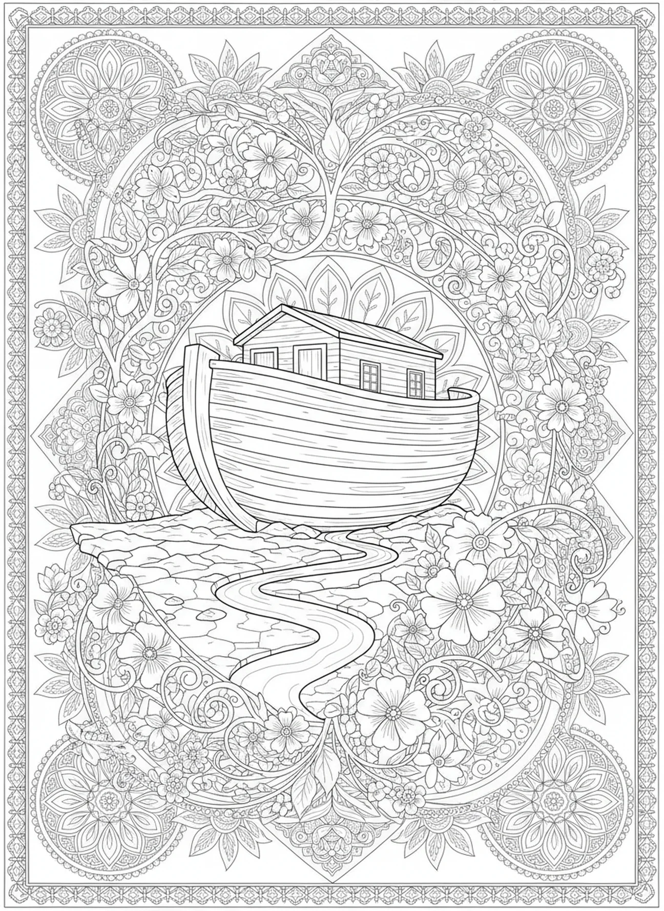 Die Arche ruht auf trockenem Land, Ausmalbild für Erwachsene im Stil des Bibeljournaling.