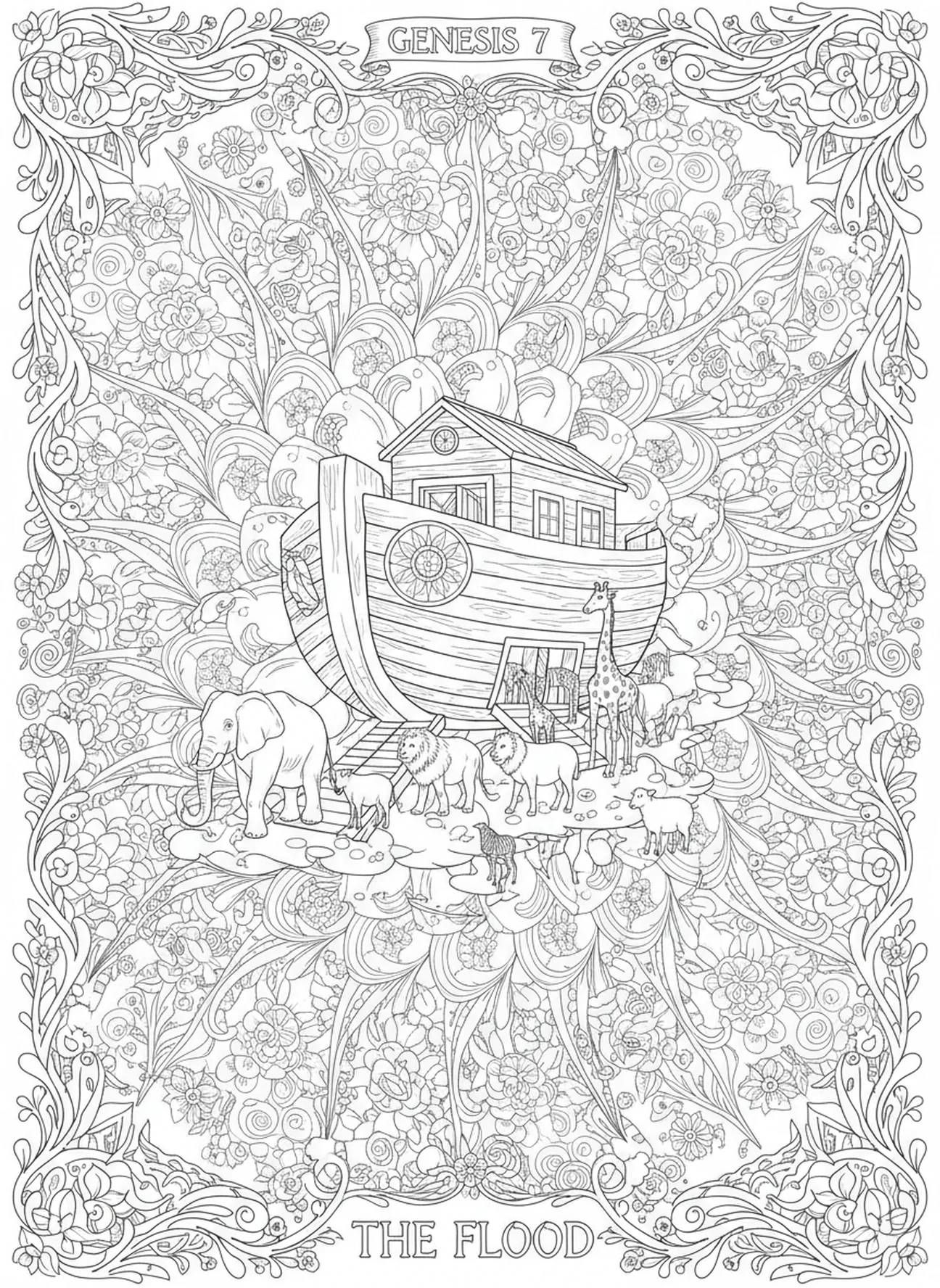 Tierpaare betreten die Arche, Ausmalbild Bibel mit Blumen im Stil des Bibeljournaling für Erwachsene