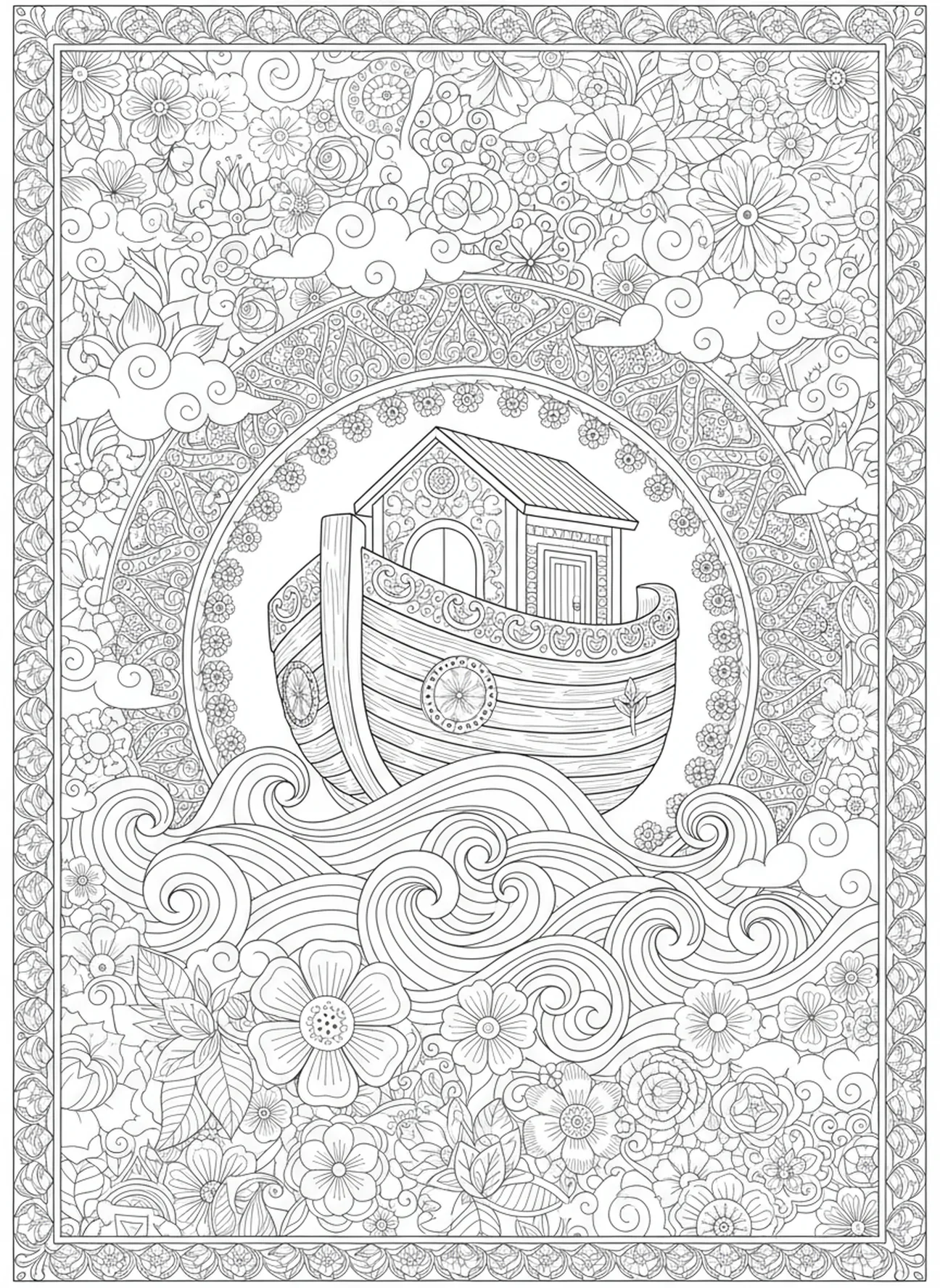 Arche, die auf stilisierten Wellen schwebt, Ausmalbild Bibel mit Blumen für Erwachsene im Stil des Bibeljournaling