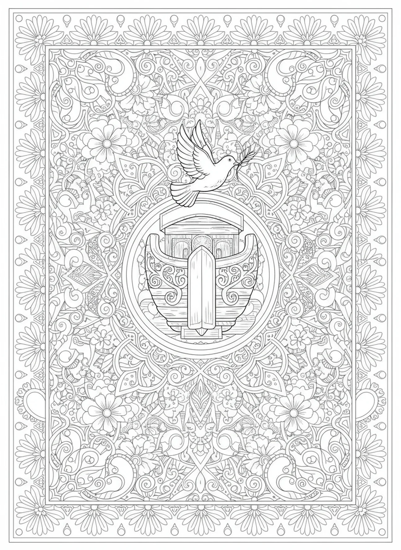 Taube mit Olivenzweig, Bibel mit Blumen Ausmalbild für Erwachsene im Stil des Bibel-Journaling