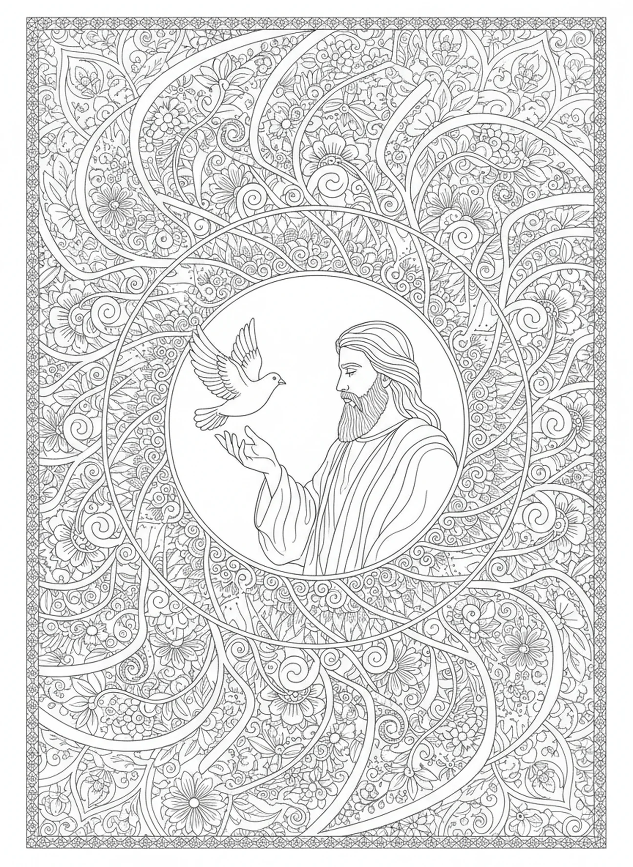 Noah, der die Taube freilässt, Ausmalbild für Erwachsene mit Blumen im Bibel-Journaling-Stil