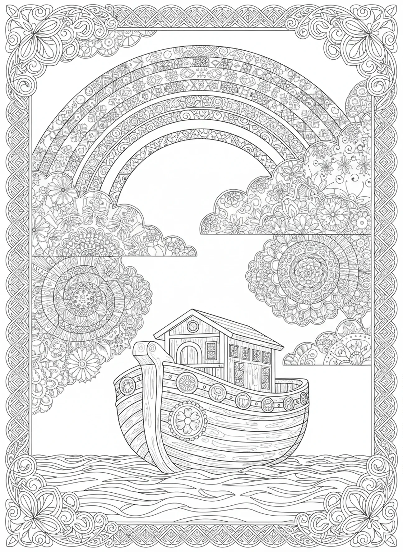 Regenbogen über der Arche, Ausmalbild für Erwachsene im Bibel-Journaling-Stil mit Blumen