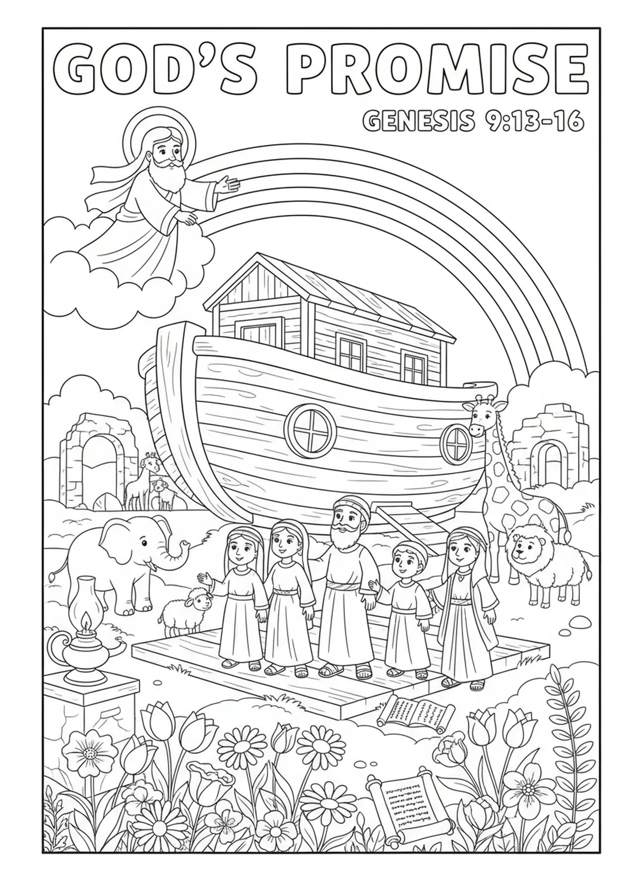Arc-en-ciel comme promesse de Dieu, page à colorier Bible avec des fleurs pour les enfants de l'École du dimanche âgés de 5 à 12 ans