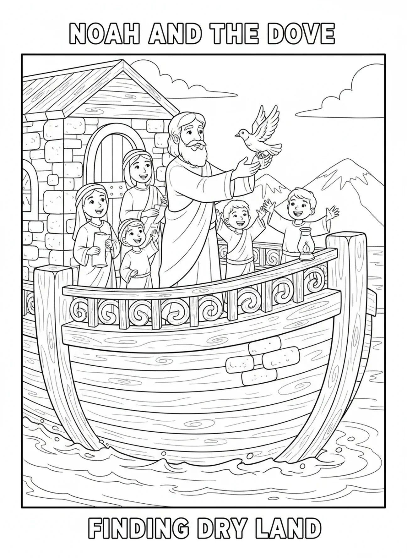 Noé lâchant une colombe, page à colorier Bible avec des fleurs pour les enfants de l'École du dimanche âgés de 5 à 12 ans