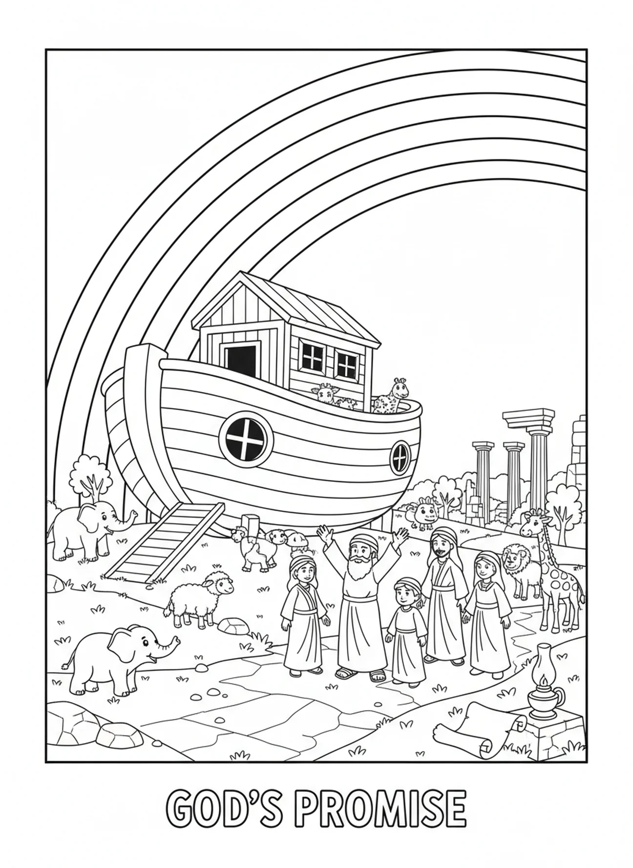 Arc-en-ciel au-dessus de l'arche, page à colorier Bible avec des fleurs pour les enfants de l'école du dimanche âgés de 5 à 12 ans