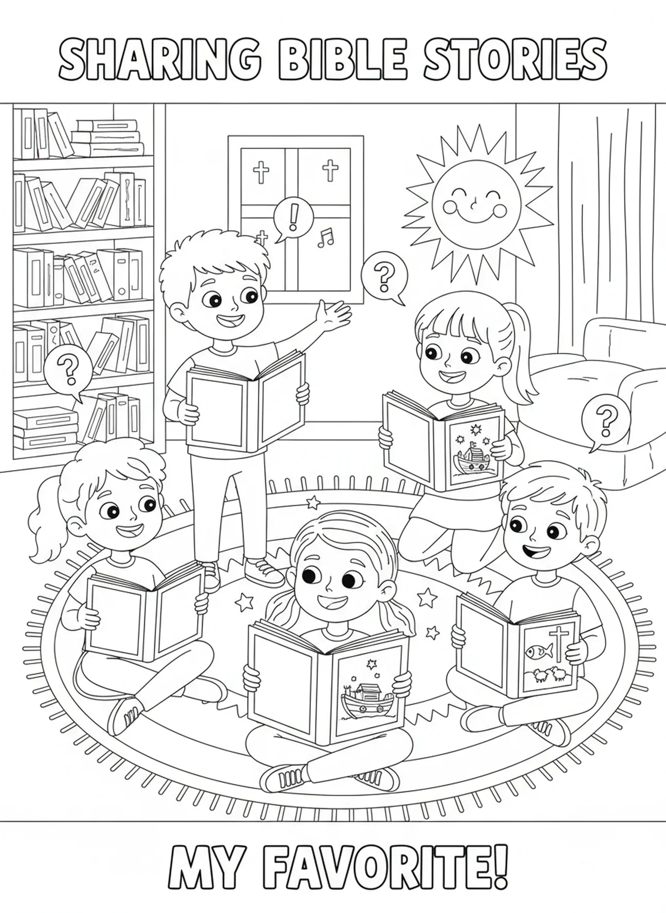 Grupa dzieci dzielących się historiami biblijnymi, Kolorowanka Dziecko z Biblią dla dzieci w wieku 5-10 lat