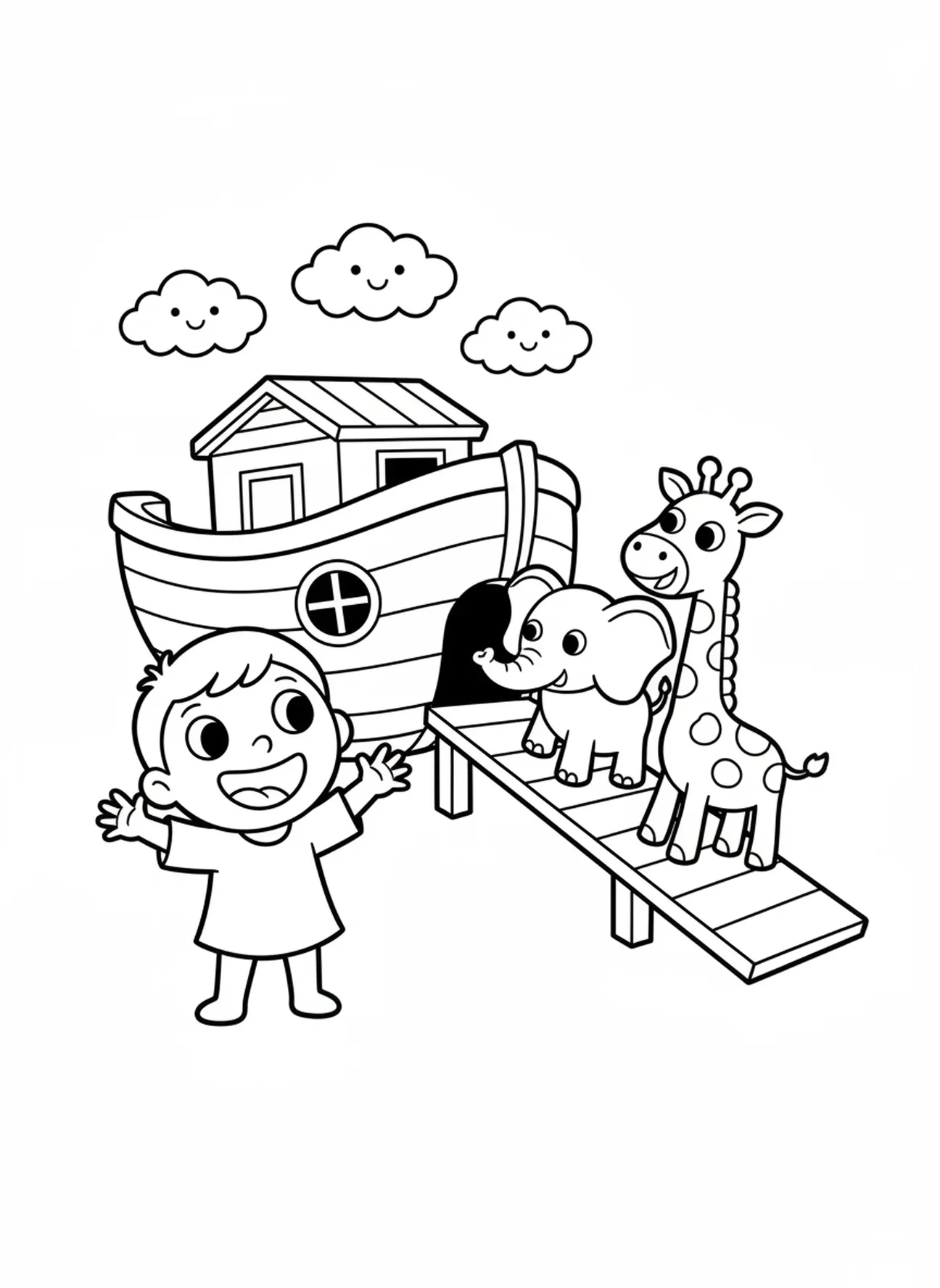 Enfant heureux observant des animaux monter dans l'arche, page de coloriage Enfant avec la Bible pour les préscolaires de 3 à 5 ans.