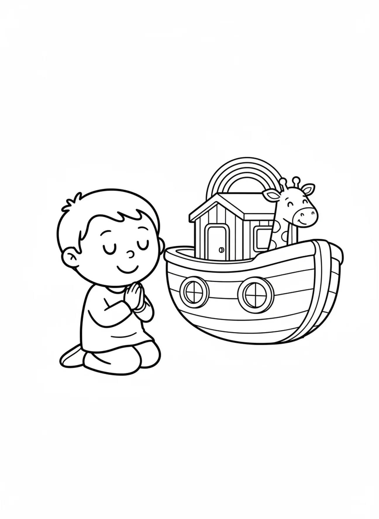 Enfant joyeux priant à côté d'une arche, Page à colorier Enfant avec la Bible pour les préscolaires de 3 à 5 ans.