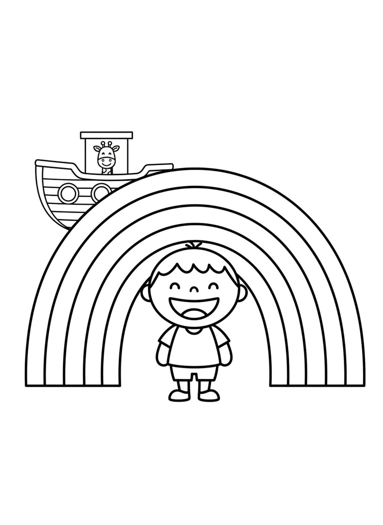 Enfant ravi se tenant sous un arc-en-ciel, page à colorier Enfant avec la Bible pour les préscolaires de 3 à 5 ans.