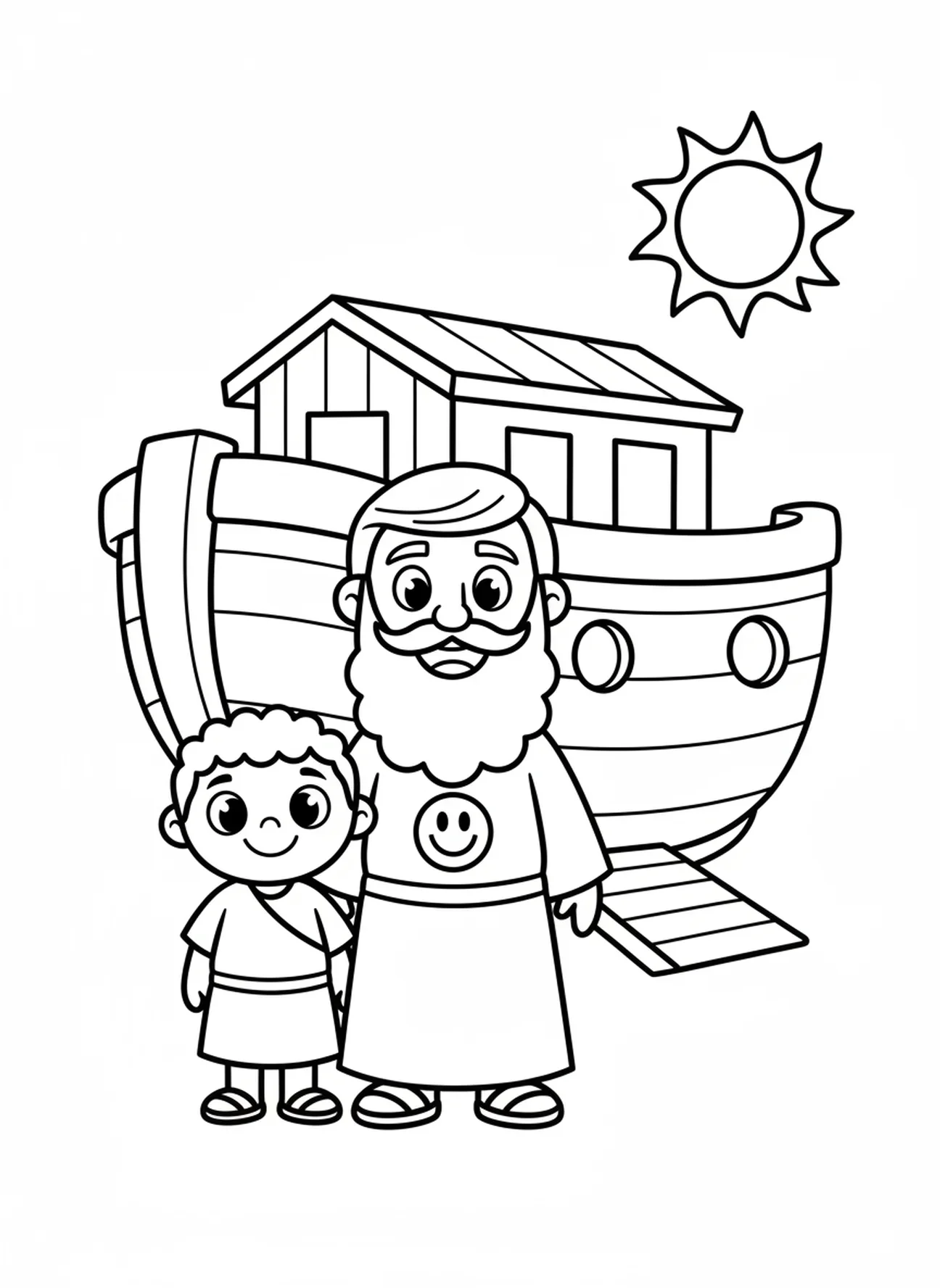 Noé souriant amicalement à côté d'un enfant, page à colorier Enfant avec la Bible pour les préscolaires de 3 à 5 ans.
