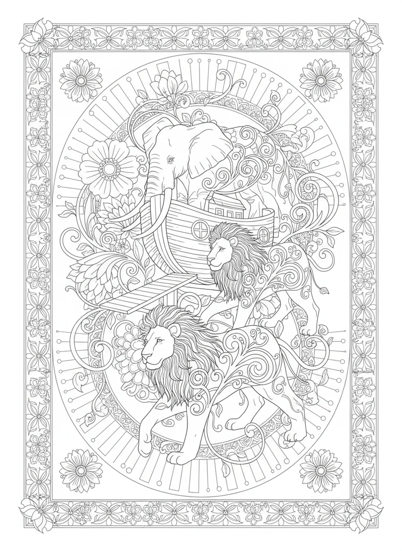 Paires d'animaux montant à bord de l'arche, page à colorier pour adultes dans le style du journal biblique.