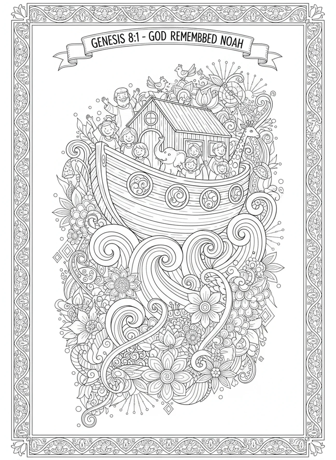 Noé et sa famille à bord de l'arche, page à colorier pour adultes dans le style du Bible journaling.