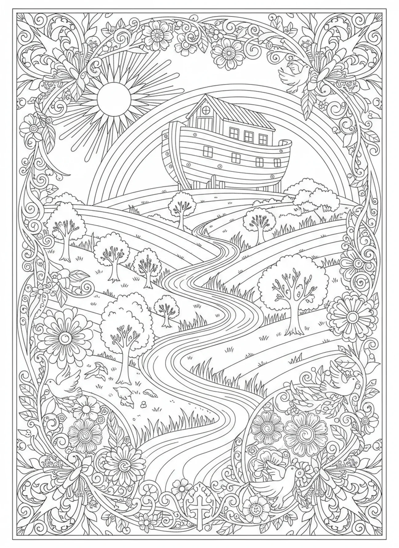 Paysage après le déluge avec l'arche, page à colorier Écriture Thé pour adultes dans un style de journal biblique.