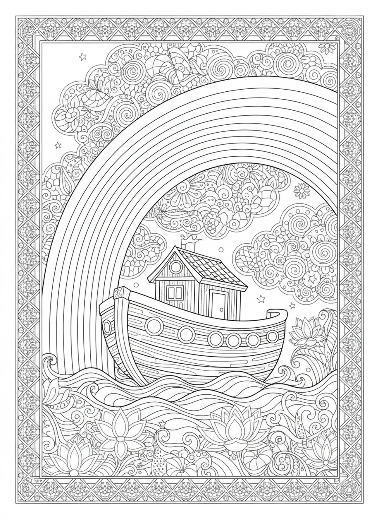 Arc-en-ciel au-dessus de l'arche, page à colorier Écriture Thé pour adultes dans le style du journal biblique.