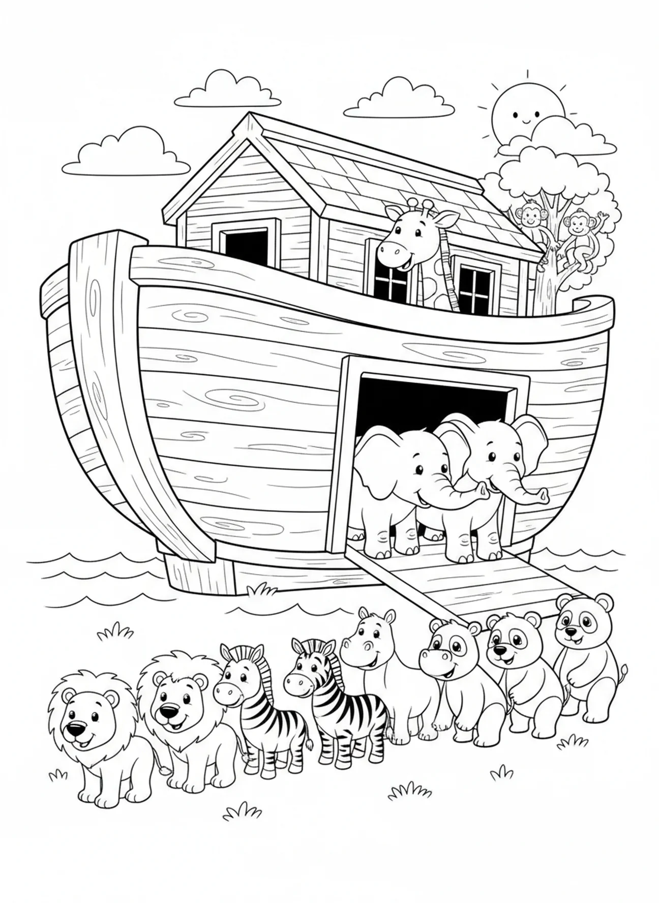 Éléphants et girafes entrant dans l'arche, page à colorier Biblique pour enfants de 5 à 10 ans