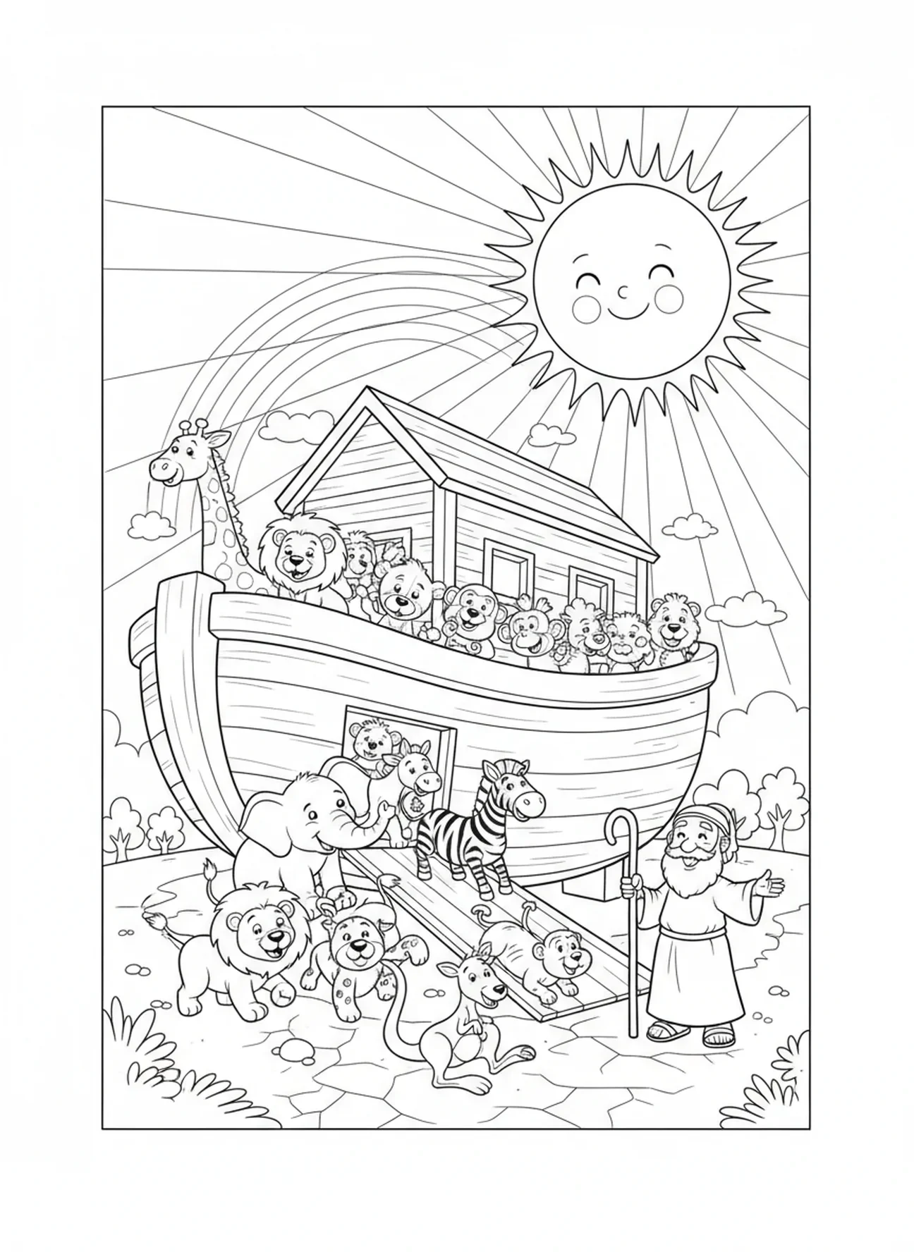 Animaux sortant de l'arche, Page à colorier Biblique pour enfants de 5 à 10 ans
