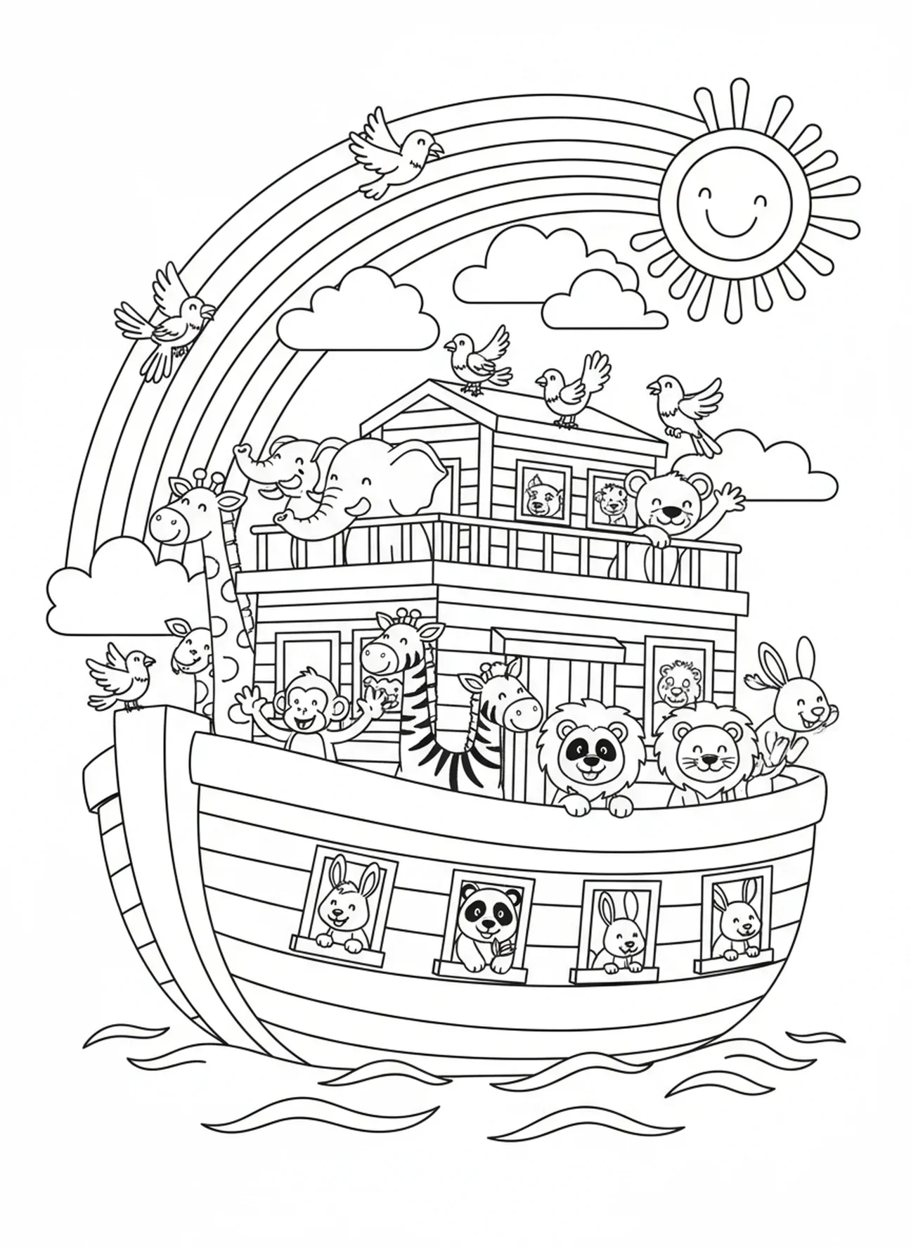 Arc-en-ciel au-dessus de l'arche, page à colorier Biblique pour enfants de 5 à 10 ans