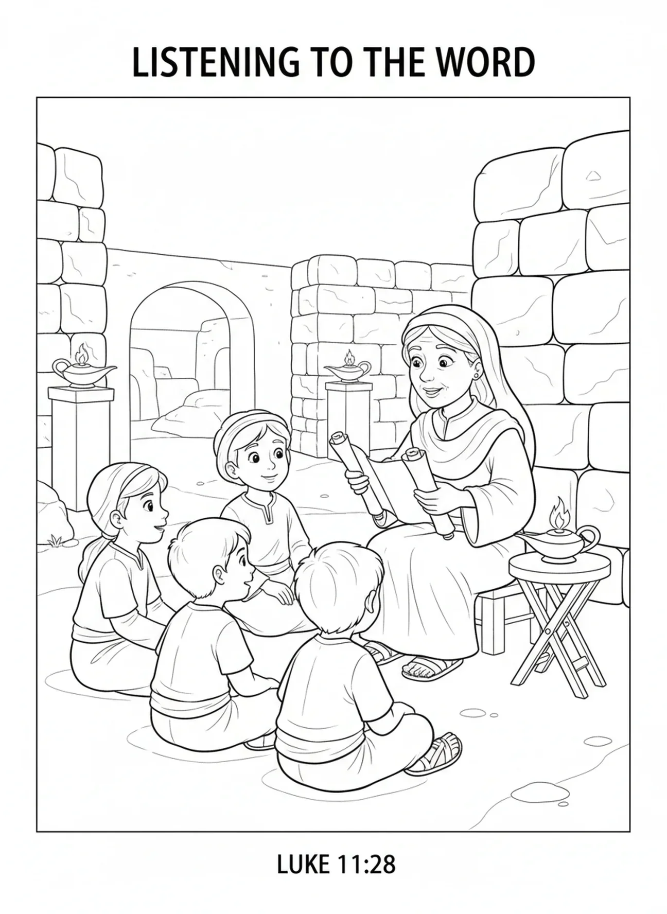 Groep kinderen die luisteren, Schriftrol kleurplaat voor Zondagsschoolkinderen van 5-12 jaar.