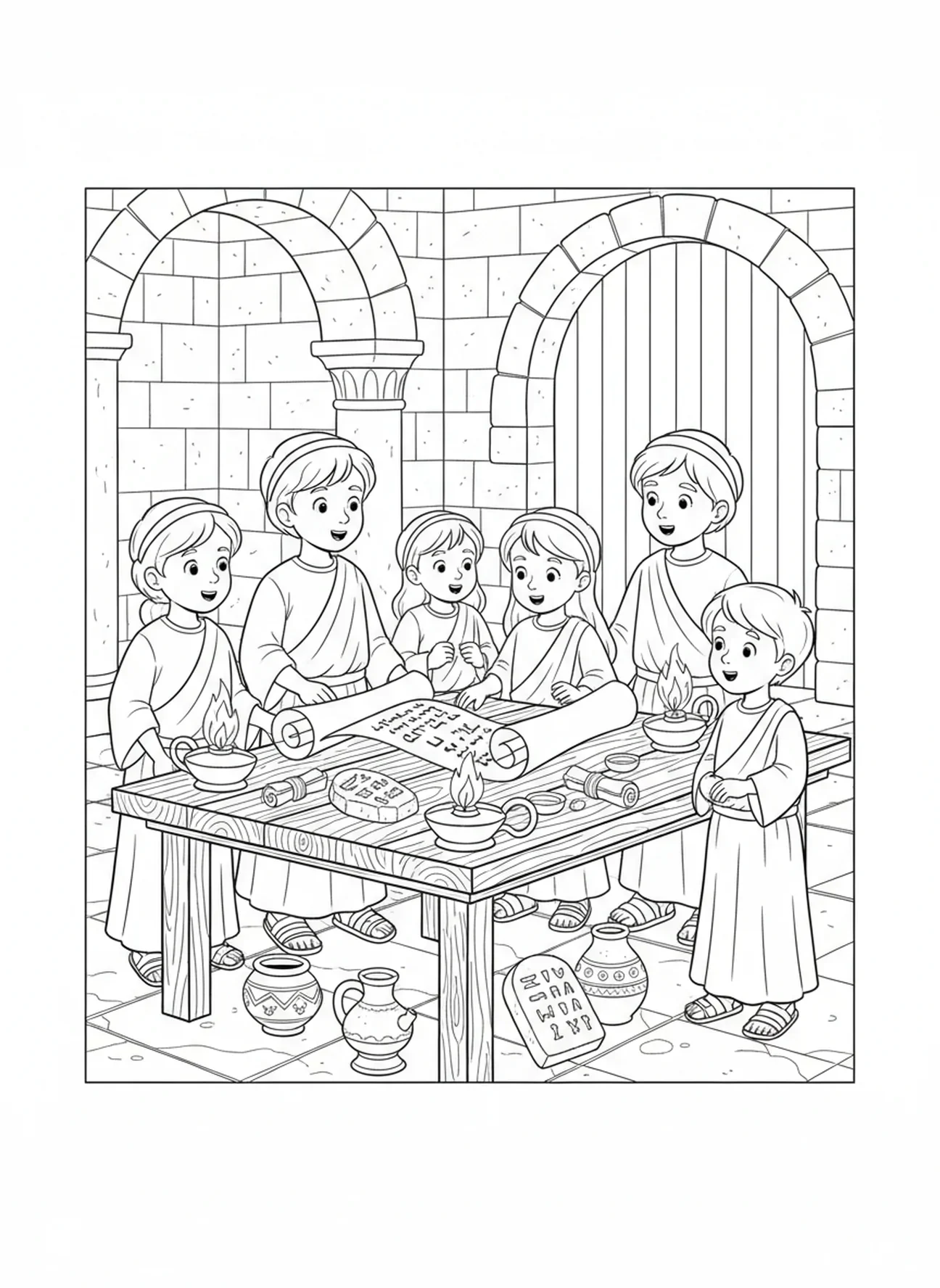 Zegelrol ligt op tafel, kleurplaat van de Bijbel voor Zondagsschoolkinderen van 5-12 jaar.