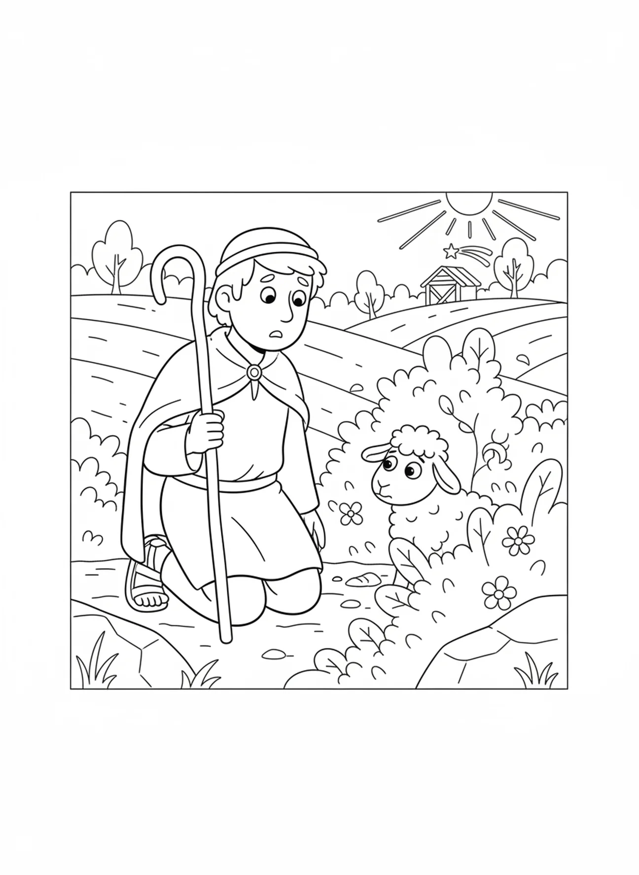 Berger inquiet avec un mouton égaré, page à colorier de bâton de berger pour enfants de 5 à 10 ans.