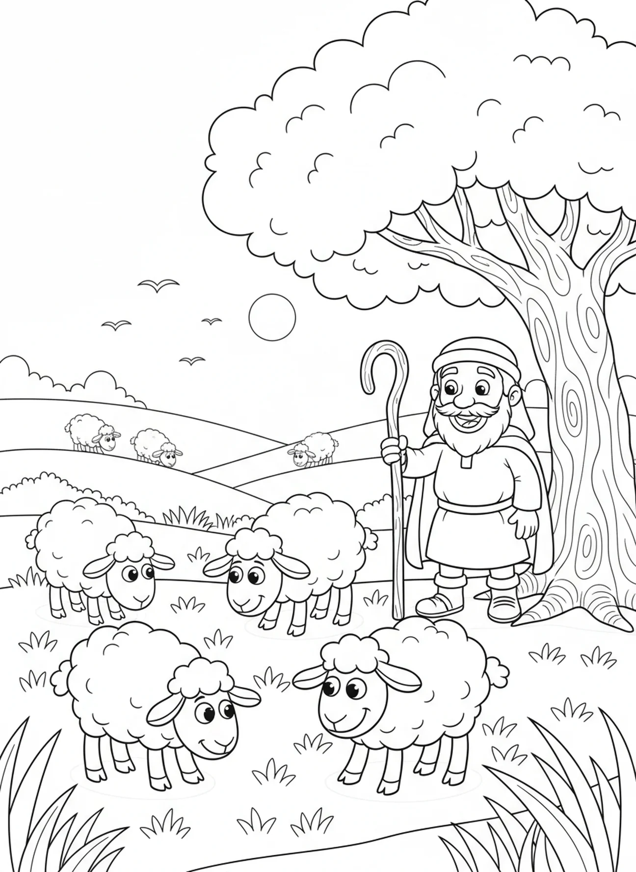 Moutons en peluche, page à colorier avec le bâton de berger pour les enfants de 5 à 10 ans.