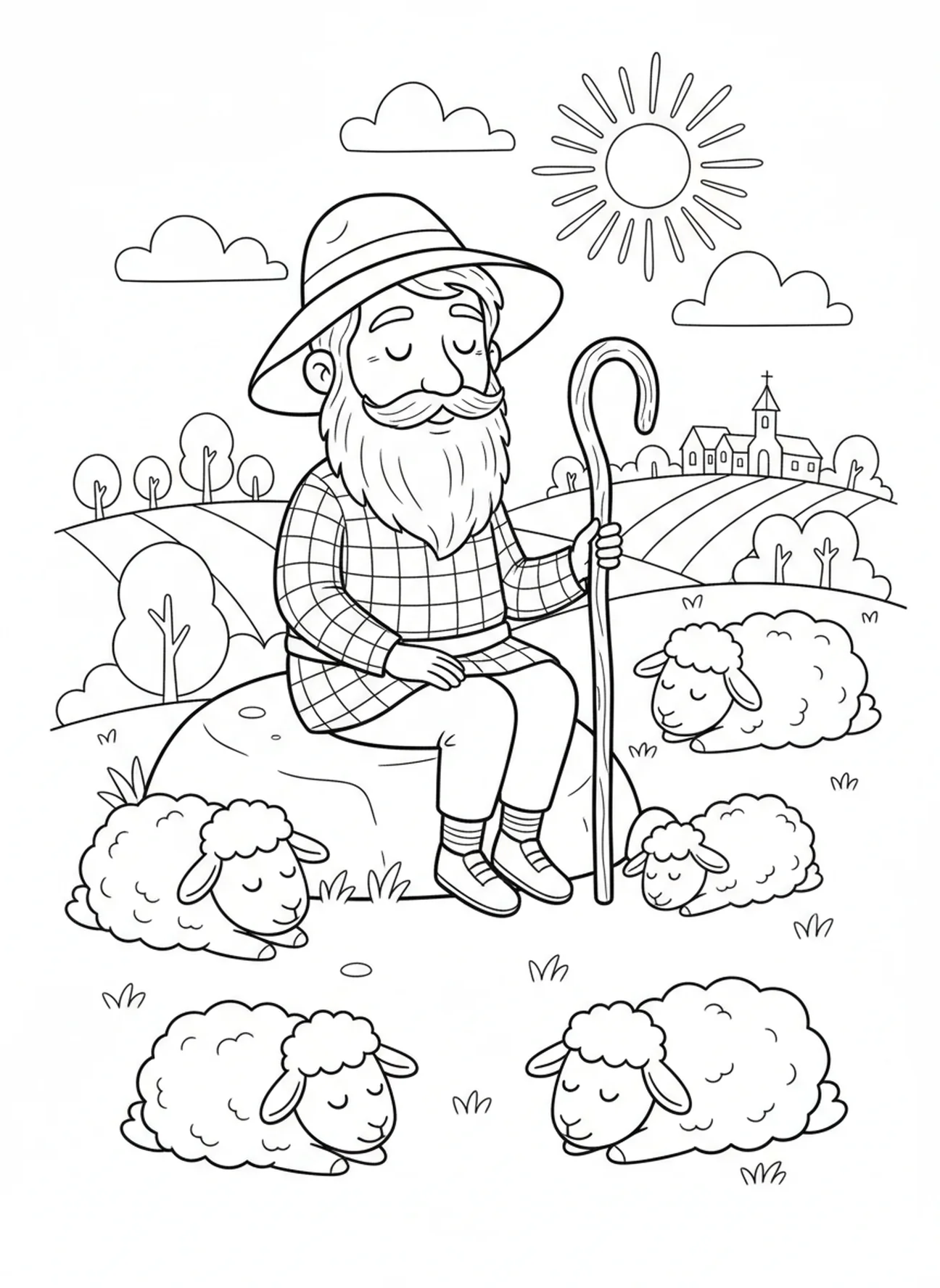Pasteur reposant avec des moutons endormis, page à colorier sur le bâton de berger pour les enfants de 5 à 10 ans.