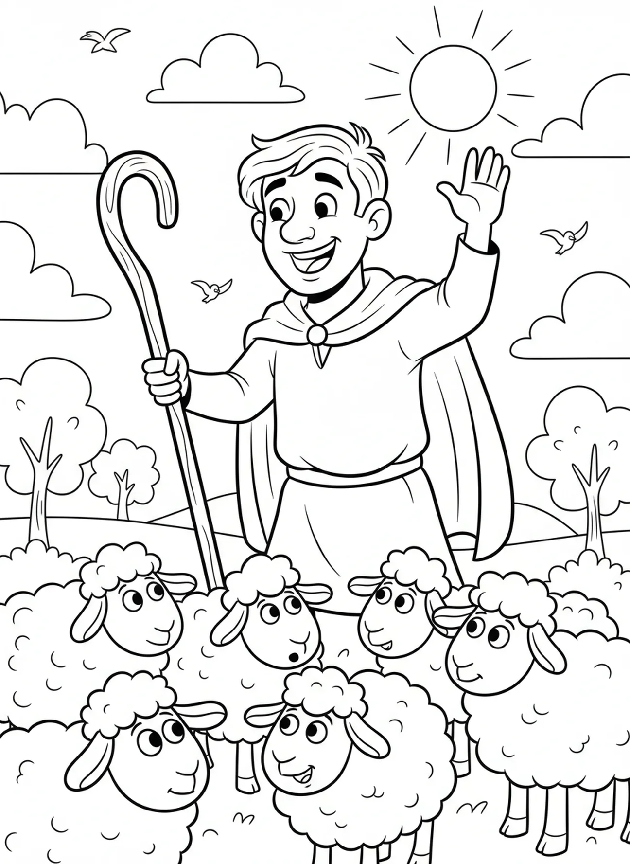 Berger joyeux appelant ses brebis, page à colorier Berger avec bâton pour enfants de 5 à 10 ans.