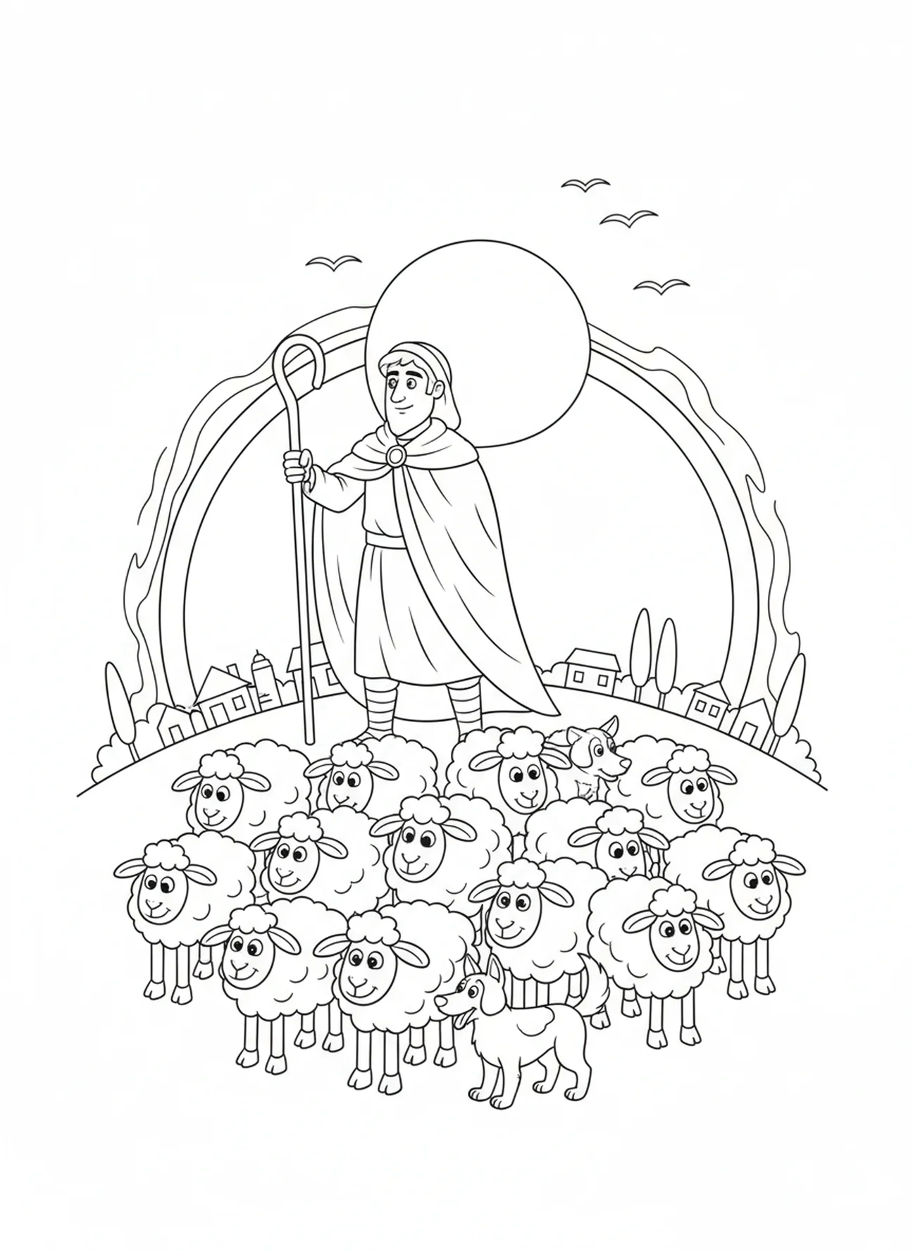Berger fier au coucher du soleil, page à colorier avec un bâton de berger pour les enfants de 5 à 10 ans.