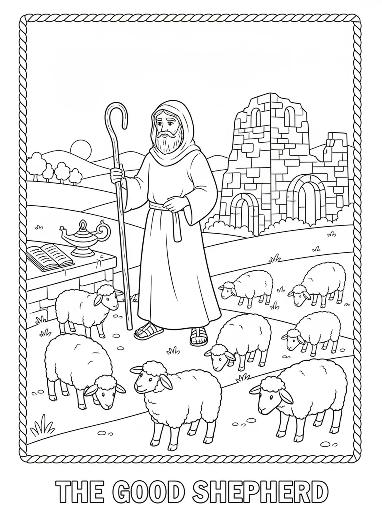 Herder die op grazende schapen let, kleurplaat van de herdersstaf voor Zondagsschoolkinderen van 5-12 jaar.