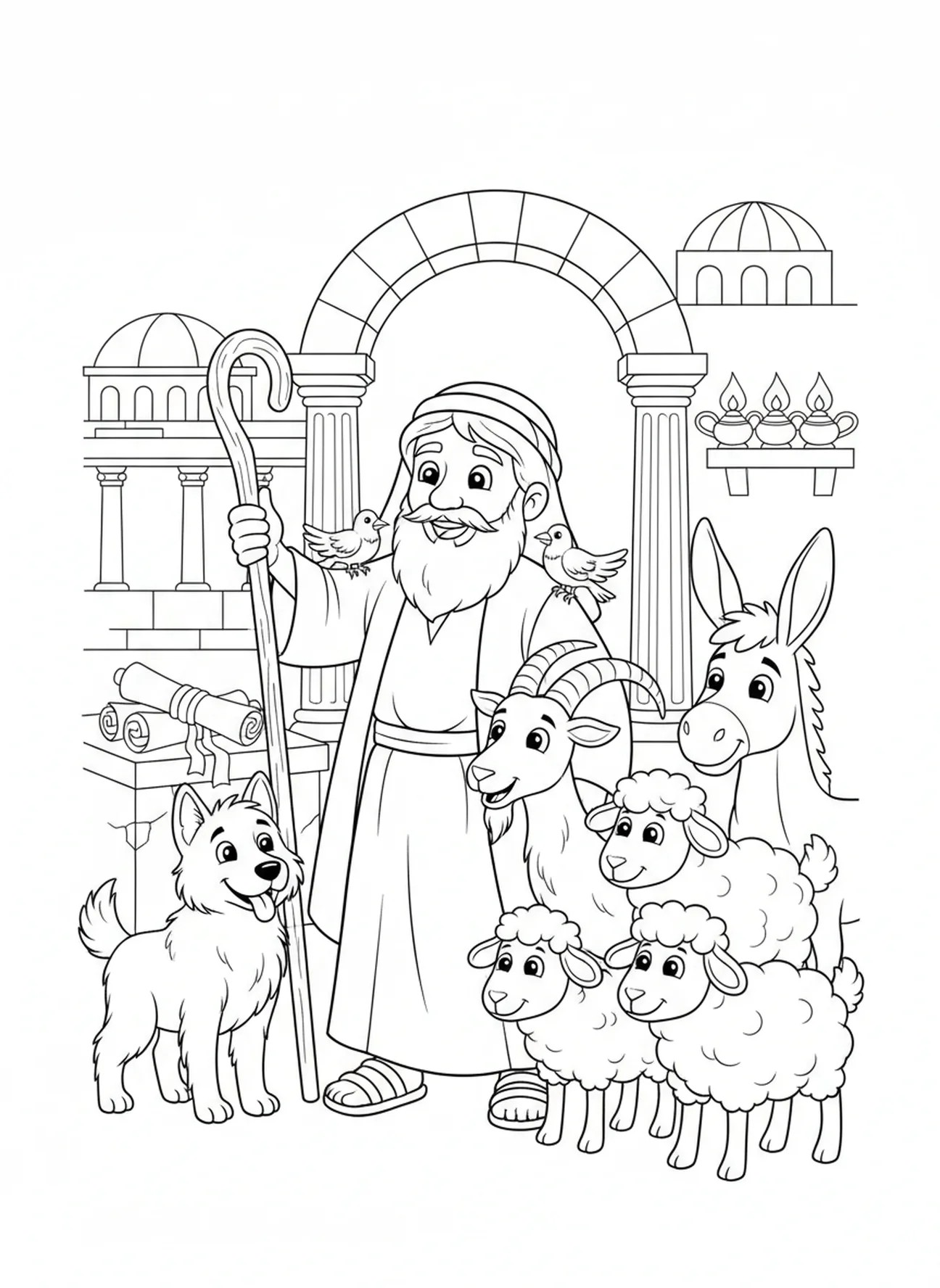 Herder met hond en geit, kleurplaat van de herder met staf voor Zondagsschoolkinderen van 5-12 jaar.
