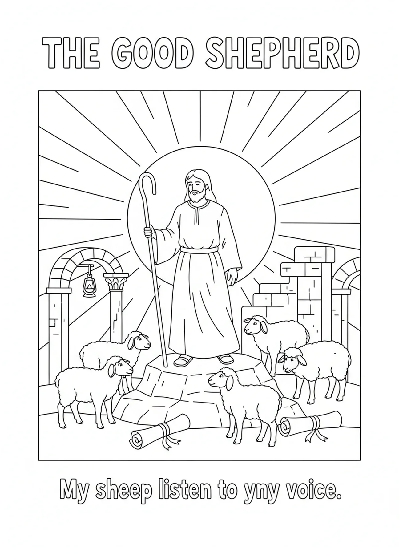 Silhouet van een herder bij zonsondergang, kleurplaat van de herdersstaf voor Zondagsschoolkinderen van 5-12 jaar.