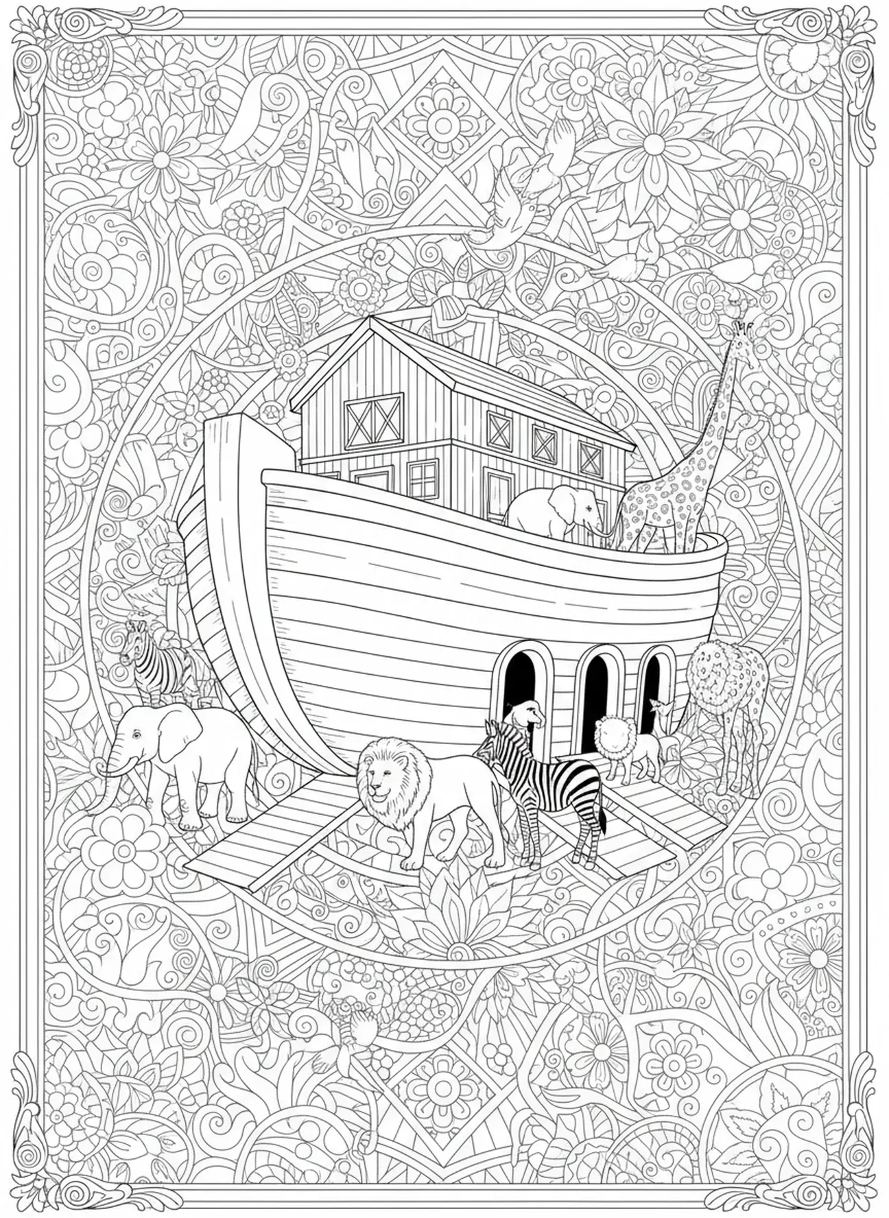 Casais de animais entrando na arca, página de colorir religiosa para o Dia dos Pais no estilo de journaling bíblico para adultos.