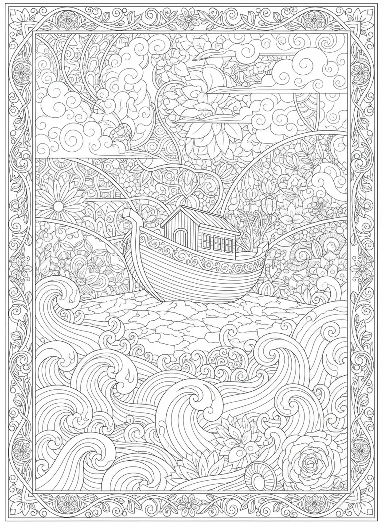 Arca em terra seca, página de colorir religiosa para o Dia dos Pais no estilo de journaling bíblico para adultos.