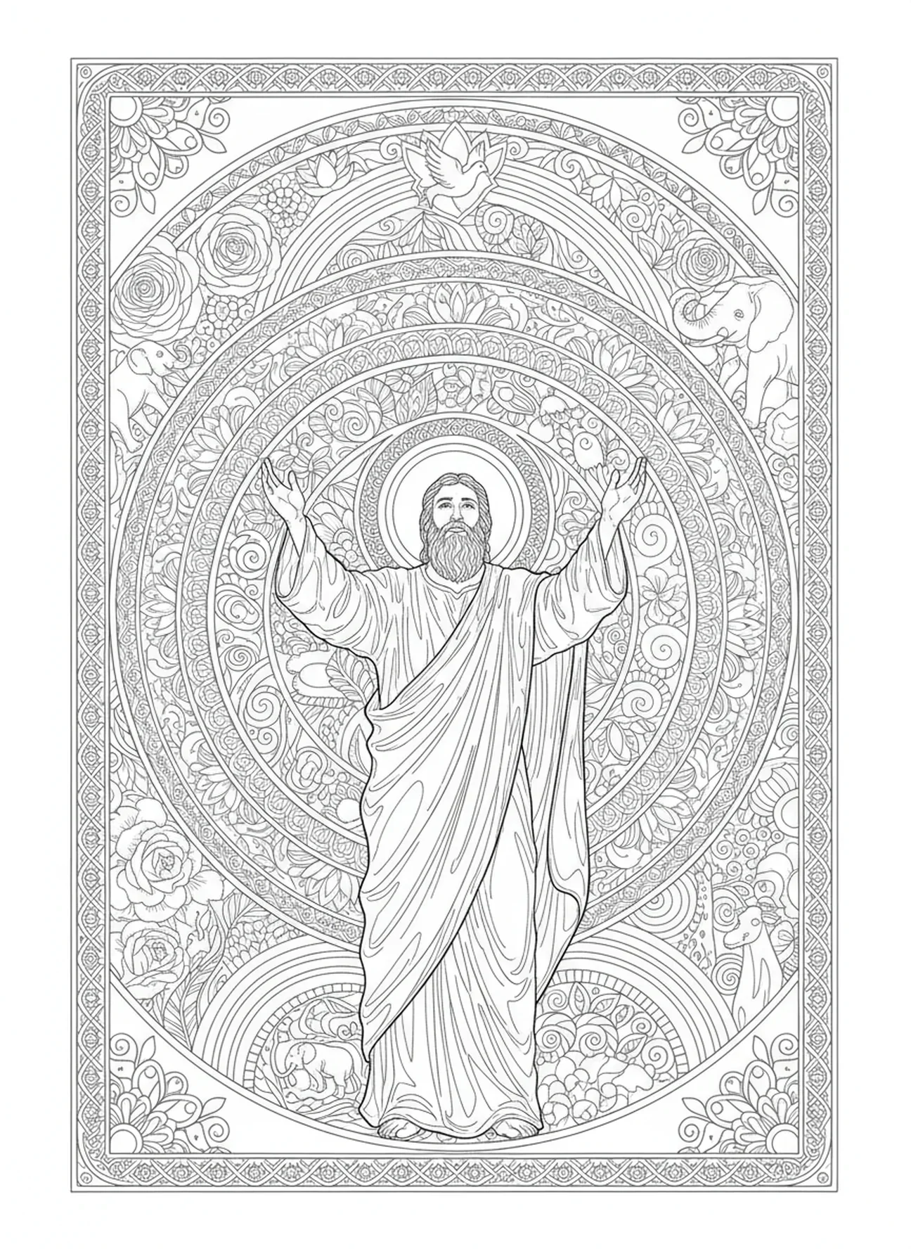 Noé agradecendo, página de colorir religiosa para o Dia dos Pais no estilo de diário bíblico para adultos.