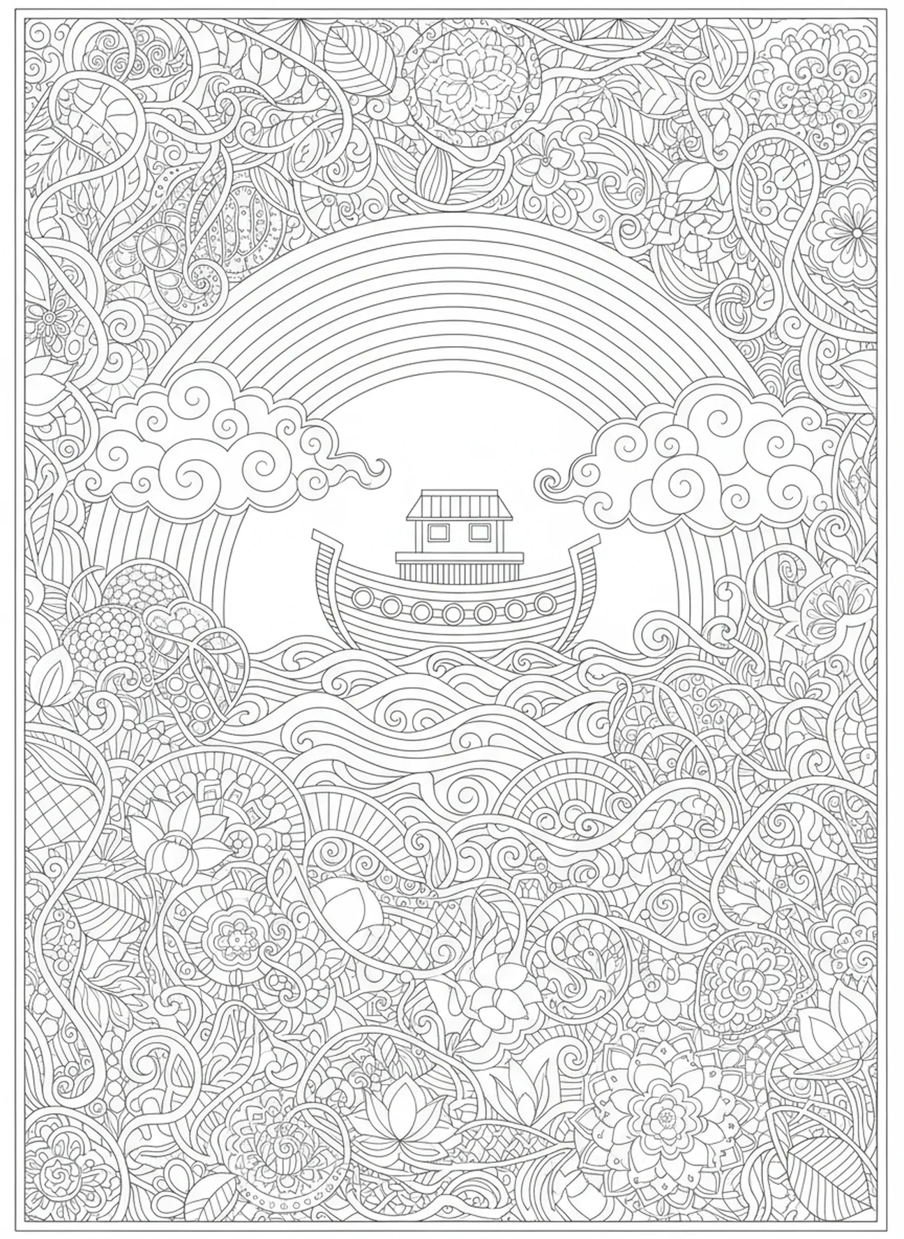 Arco-íris sobre a arca, página de colorir religiosa para o Dia dos Pais no estilo de journaling bíblico para adultos.