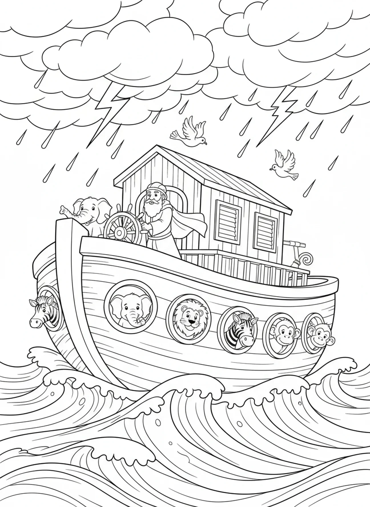 Arca navegando en la tormenta, página para colorear religiosa del Día del Padre para niños de 5 a 10 años