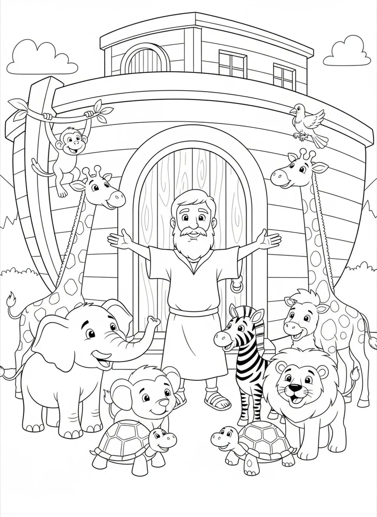 Noé con animales en el arca, página para colorear religiosa del Día del Padre para niños de 5 a 10 años