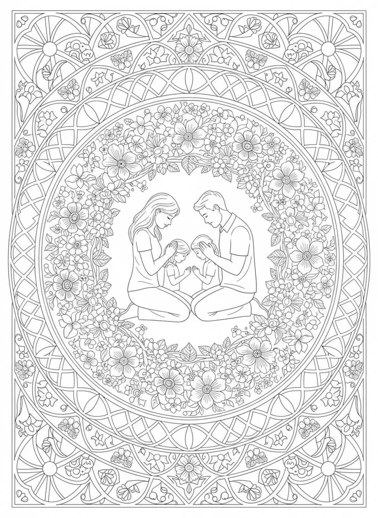 Famille en prière, page à colorier religieuse pour la fête des mères dans un style de journal biblique.