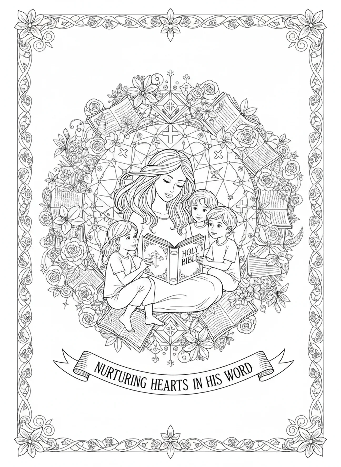 Mère lisant la Bible, page de coloriage religieuse pour la fête des mères dans un style de journal biblique.