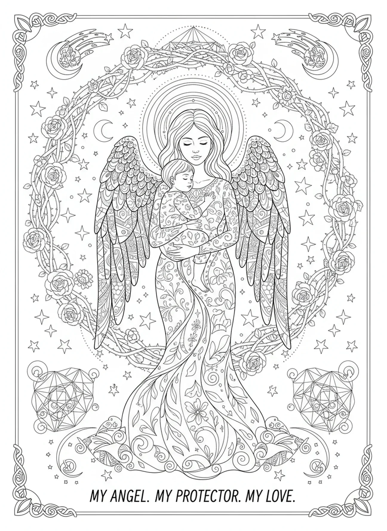 Mère en tant qu'ange gardien, page à colorier religieuse pour la fête des mères dans un style de journal biblique.