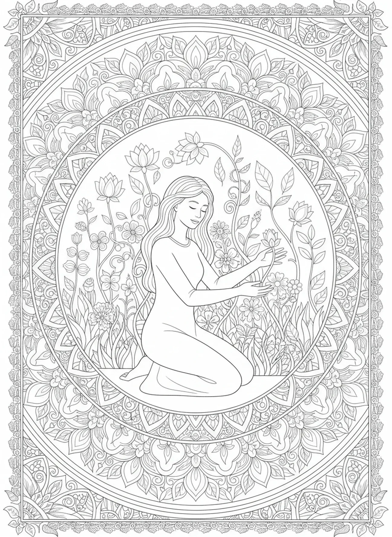 Mère dans le jardin, page à colorier religieuse pour la fête des mères dans le style du journal biblique.