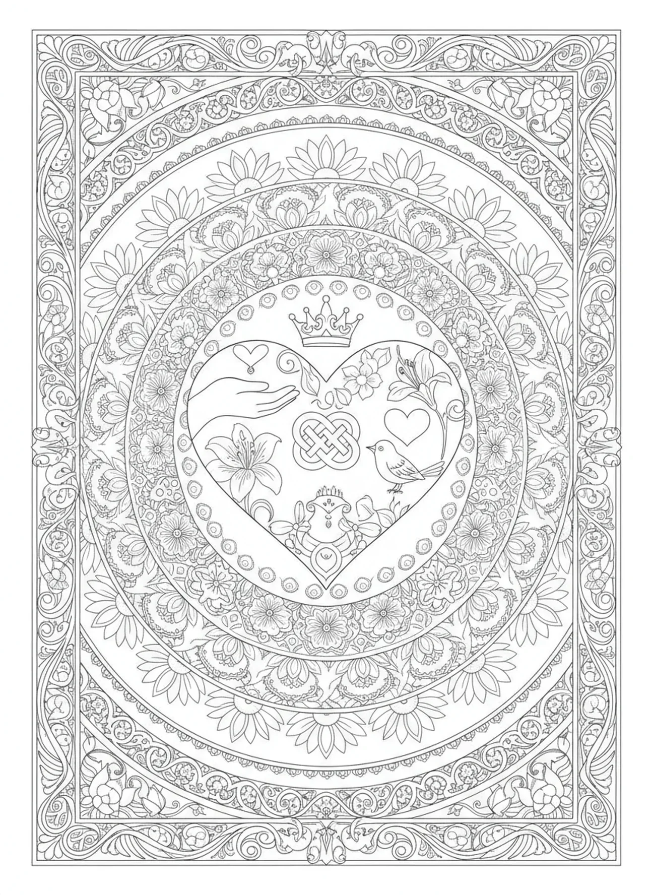 Symboles de l'amour, page à colorier religieuse pour la fête des mères dans un style de journal biblique.