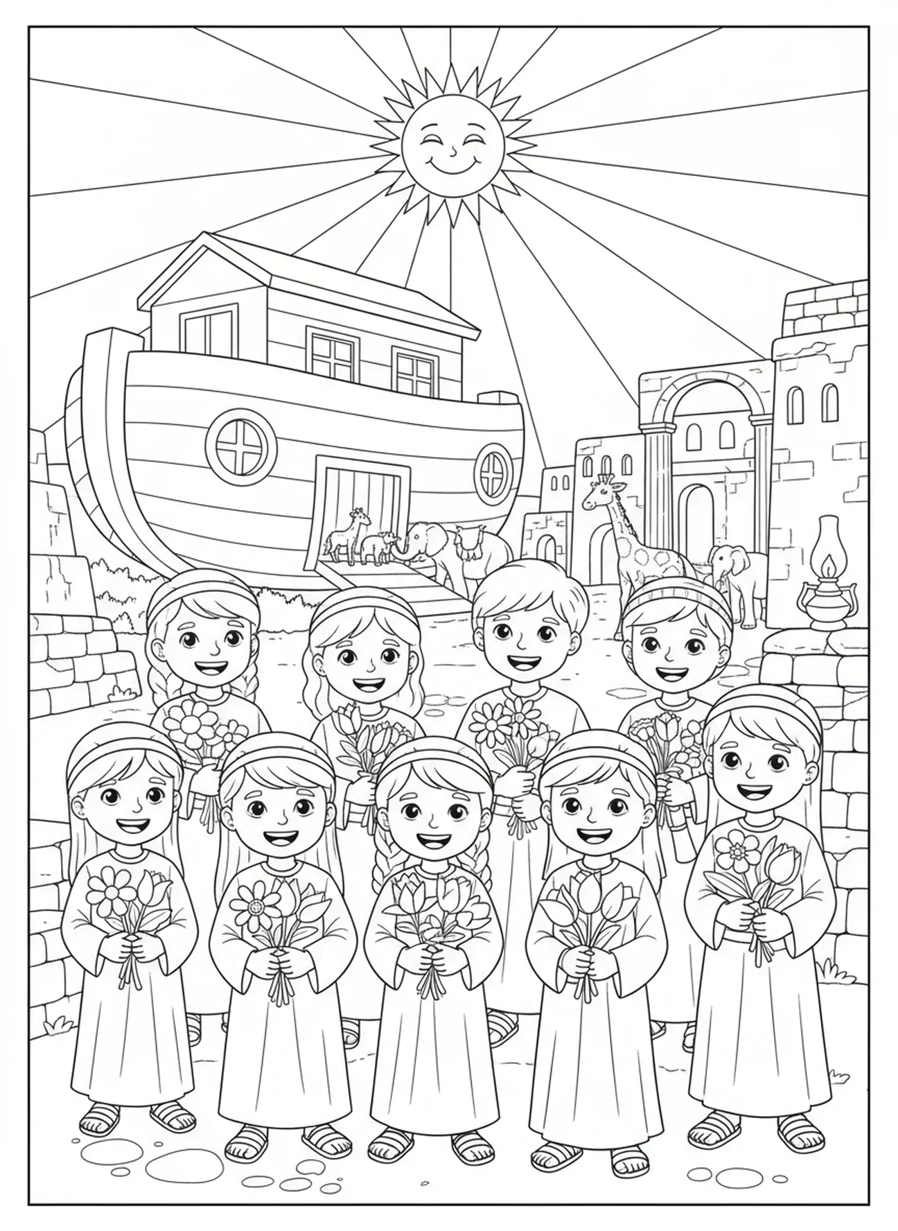 Enfants cueillant des fleurs, page à colorier religieuse pour le catéchisme des enfants de 5 à 12 ans.