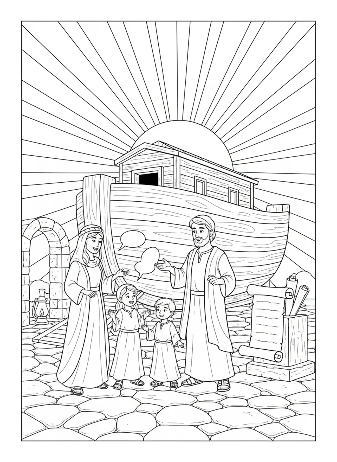 Famille près de l'arche au coucher du soleil, page à colorier religieuse pour les enfants de catéchisme âgés de 5 à 12 ans.